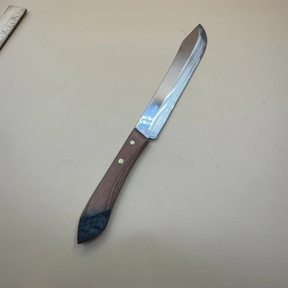 Ekco Stainless USA Butcher Knife Fixed Blade Wood Handle Brass Rivets Vintage
